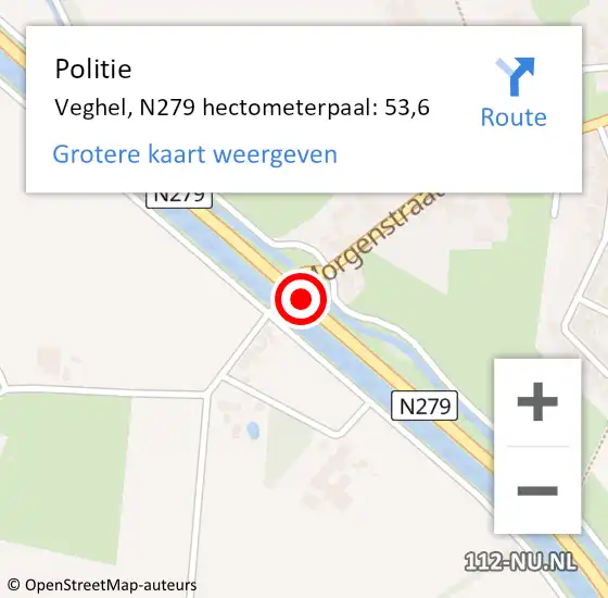 Locatie op kaart van de 112 melding: Politie Veghel, N279 hectometerpaal: 53,6 op 7 februari 2022 07:17