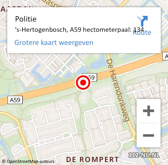 Locatie op kaart van de 112 melding: Politie 's-Hertogenbosch, A59 hectometerpaal: 134 op 8 februari 2022 07:56