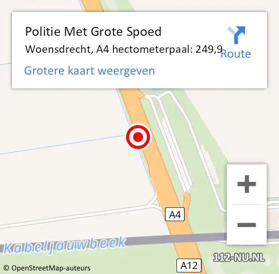 Locatie op kaart van de 112 melding: Politie Met Grote Spoed Naar Woensdrecht, A4 hectometerpaal: 249,9 op 10 februari 2022 19:30