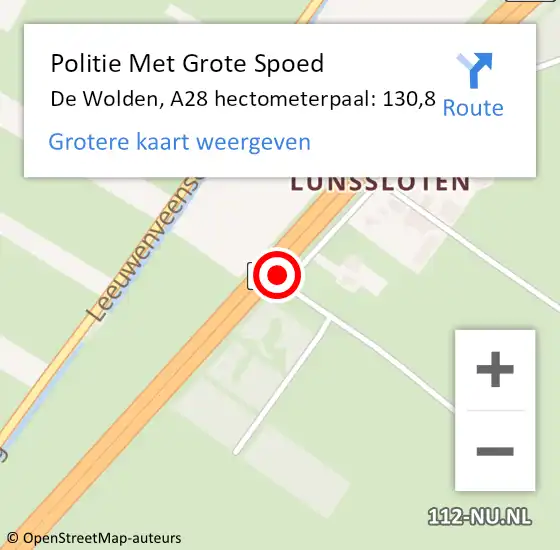 Locatie op kaart van de 112 melding: Politie Met Grote Spoed Naar De Wolden, A28 hectometerpaal: 130,8 op 11 februari 2022 15:00