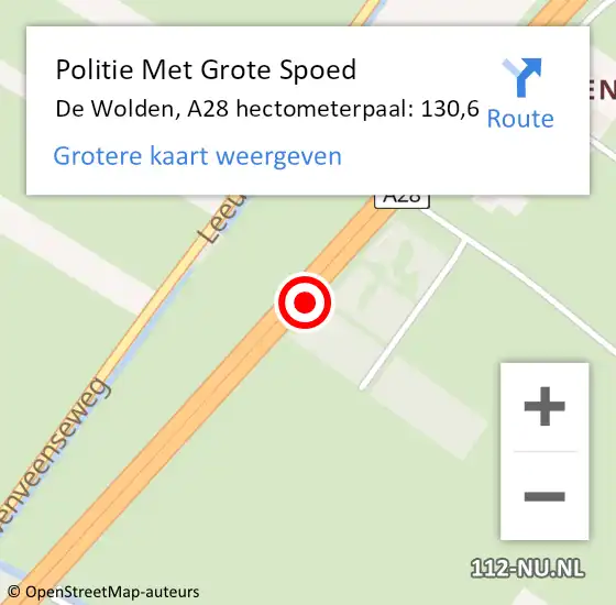 Locatie op kaart van de 112 melding: Politie Met Grote Spoed Naar De Wolden, A28 hectometerpaal: 130,6 op 11 februari 2022 15:01