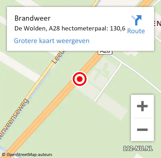 Locatie op kaart van de 112 melding: Brandweer De Wolden, A28 hectometerpaal: 130,6 op 11 februari 2022 15:03