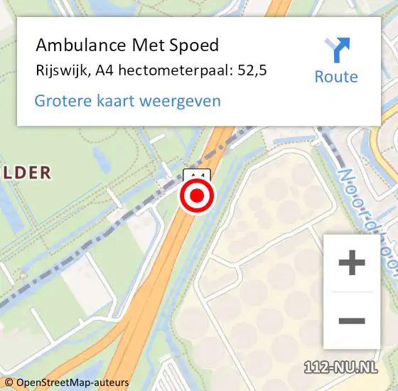 Locatie op kaart van de 112 melding: Ambulance Met Spoed Naar Rijswijk, A4 hectometerpaal: 52,5 op 11 februari 2022 17:13