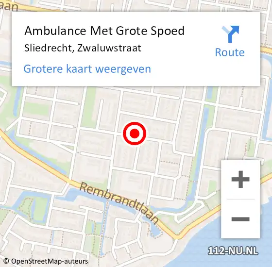 Locatie op kaart van de 112 melding: Ambulance Met Grote Spoed Naar Sliedrecht, Zwaluwstraat op 12 februari 2022 04:34