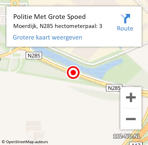 Locatie op kaart van de 112 melding: Politie Met Grote Spoed Naar Moerdijk, N285 hectometerpaal: 3 op 12 februari 2022 21:49