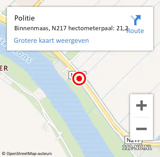 Locatie op kaart van de 112 melding: Politie Binnenmaas, N217 hectometerpaal: 21,2 op 14 februari 2022 12:15