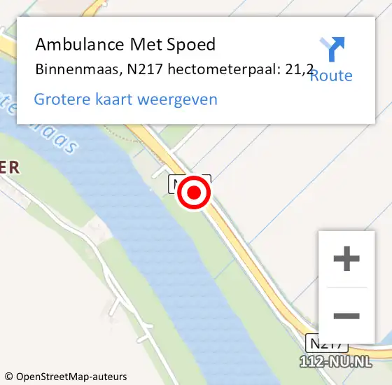 Locatie op kaart van de 112 melding: Ambulance Met Spoed Naar Binnenmaas, N217 hectometerpaal: 21,2 op 14 februari 2022 12:23