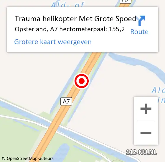 Locatie op kaart van de 112 melding: Trauma helikopter Met Grote Spoed Naar Opsterland, A7 hectometerpaal: 155,2 op 14 februari 2022 15:11