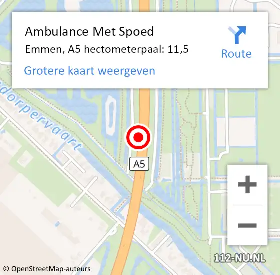 Locatie op kaart van de 112 melding: Ambulance Met Spoed Naar Emmen, A5 hectometerpaal: 11,5 op 14 februari 2022 19:34