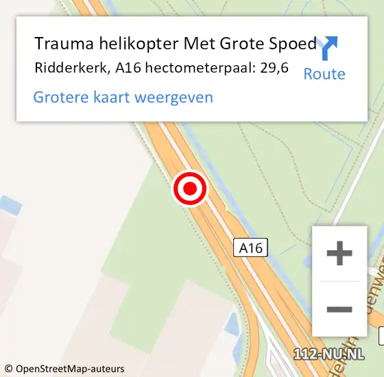 Locatie op kaart van de 112 melding: Trauma helikopter Met Grote Spoed Naar Ridderkerk, A16 hectometerpaal: 29,6 op 15 februari 2022 02:02