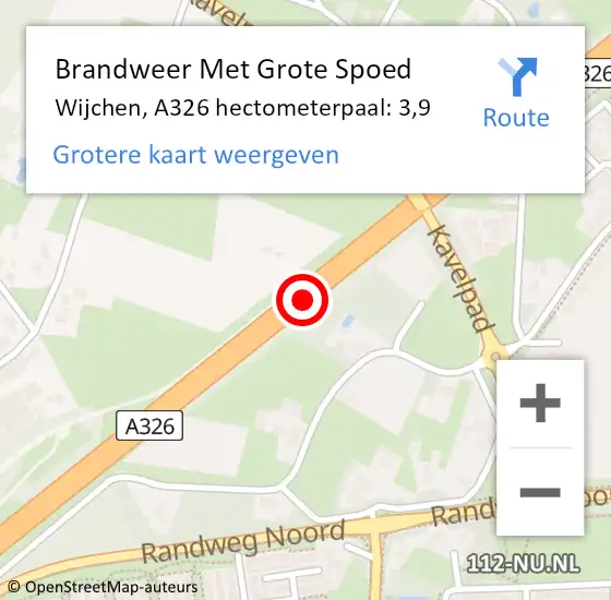 Locatie op kaart van de 112 melding: Brandweer Met Grote Spoed Naar Wijchen, A326 hectometerpaal: 3,9 op 15 februari 2022 05:53