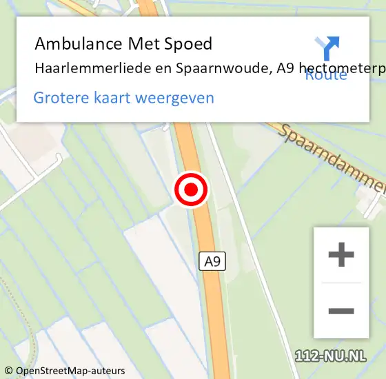 Locatie op kaart van de 112 melding: Ambulance Met Spoed Naar Haarlemmerliede en Spaarnwoude, A9 hectometerpaal: 45 op 15 februari 2022 06:32