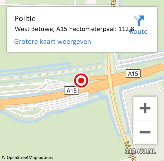 Locatie op kaart van de 112 melding: Politie West Betuwe, A15 hectometerpaal: 112,8 op 16 februari 2022 06:17