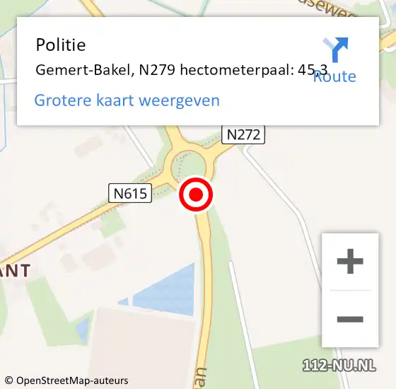 Locatie op kaart van de 112 melding: Politie Gemert-Bakel, N279 hectometerpaal: 45,3 op 16 februari 2022 09:30