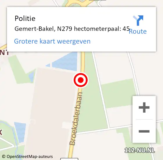 Locatie op kaart van de 112 melding: Politie Gemert-Bakel, N279 hectometerpaal: 45 op 16 februari 2022 09:32