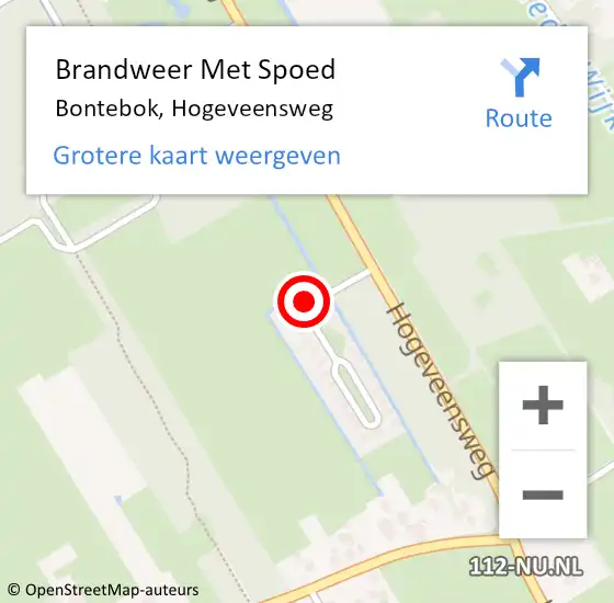 Locatie op kaart van de 112 melding: Brandweer Met Spoed Naar Bontebok, Hogeveensweg op 16 februari 2022 21:11