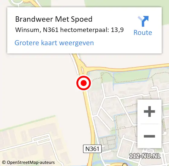 Locatie op kaart van de 112 melding: Brandweer Met Spoed Naar Winsum, N361 hectometerpaal: 13,9 op 16 februari 2022 21:31