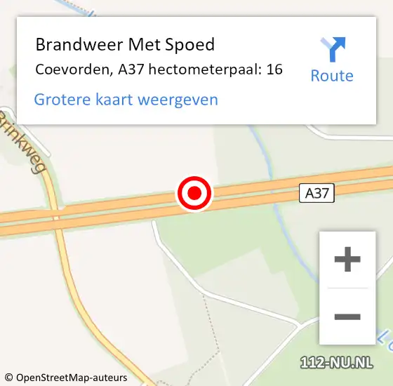Locatie op kaart van de 112 melding: Brandweer Met Spoed Naar Coevorden, A37 hectometerpaal: 16 op 16 februari 2022 21:55
