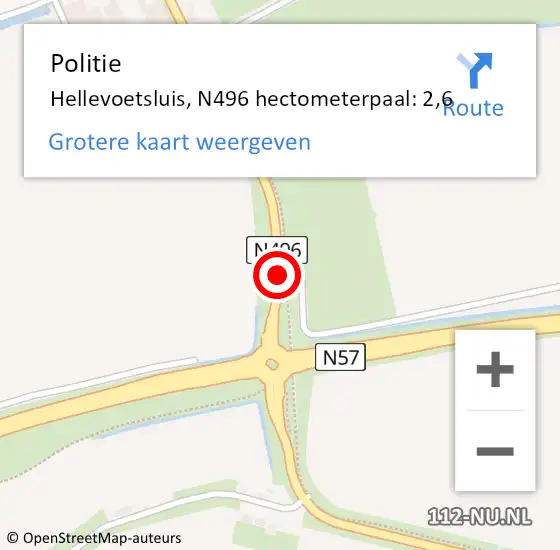 Locatie op kaart van de 112 melding: Politie Hellevoetsluis, N496 hectometerpaal: 2,6 op 16 februari 2022 22:23