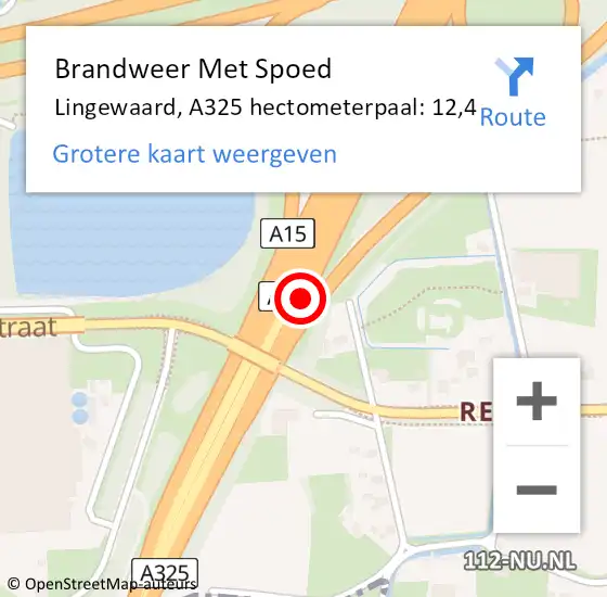 Locatie op kaart van de 112 melding: Brandweer Met Spoed Naar Lingewaard, A325 hectometerpaal: 12,4 op 16 februari 2022 22:59