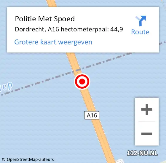 Locatie op kaart van de 112 melding: Politie Met Spoed Naar Dordrecht, A16 hectometerpaal: 44,9 op 16 februari 2022 23:13