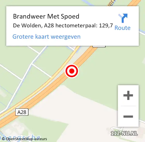 Locatie op kaart van de 112 melding: Brandweer Met Spoed Naar De Wolden, A28 hectometerpaal: 129,7 op 17 februari 2022 02:57