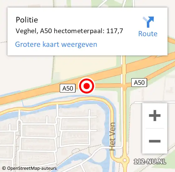 Locatie op kaart van de 112 melding: Politie Veghel, A50 hectometerpaal: 117,7 op 17 februari 2022 07:35