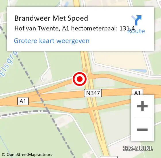 Locatie op kaart van de 112 melding: Brandweer Met Spoed Naar Hof van Twente, A1 hectometerpaal: 131,4 op 17 februari 2022 10:00