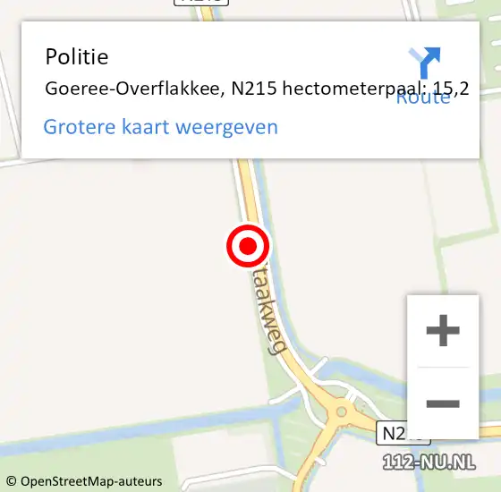 Locatie op kaart van de 112 melding: Politie Goeree-Overflakkee, N215 hectometerpaal: 15,2 op 17 februari 2022 13:57
