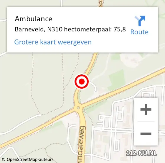 Locatie op kaart van de 112 melding: Ambulance Barneveld, N310 hectometerpaal: 75,8 op 17 februari 2022 16:39