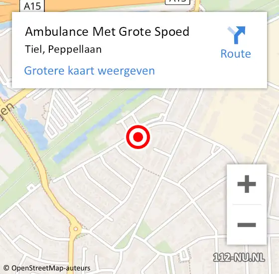 Locatie op kaart van de 112 melding: Ambulance Met Grote Spoed Naar Tiel, Peppellaan op 17 februari 2022 17:51
