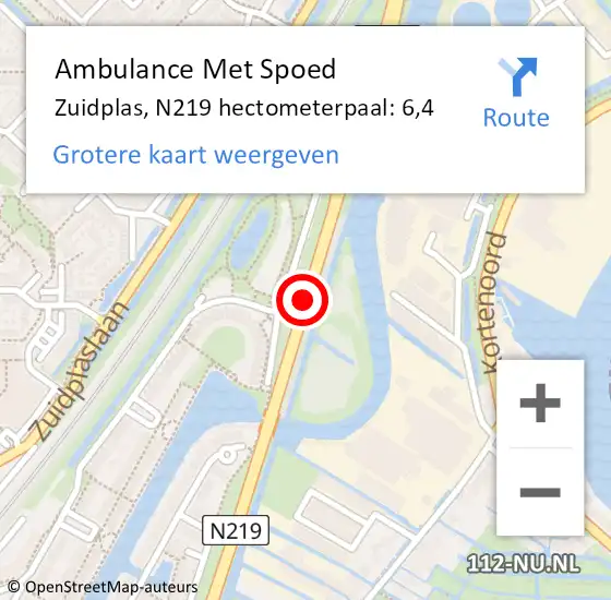 Locatie op kaart van de 112 melding: Ambulance Met Spoed Naar Zuidplas, N219 hectometerpaal: 6,4 op 17 februari 2022 20:17