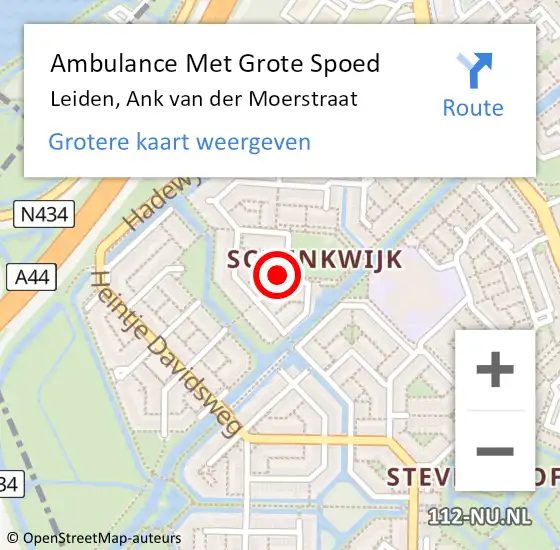 Locatie op kaart van de 112 melding: Ambulance Met Grote Spoed Naar Leiden, Ank van der Moerstraat op 18 februari 2022 08:09