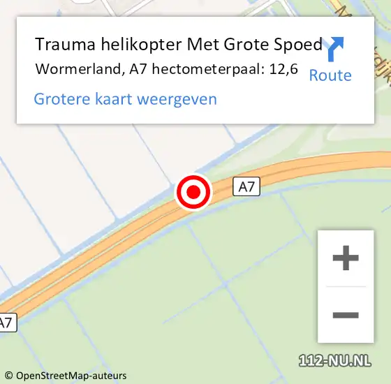 Locatie op kaart van de 112 melding: Trauma helikopter Met Grote Spoed Naar Wormerland, A7 hectometerpaal: 12,6 op 18 februari 2022 12:13