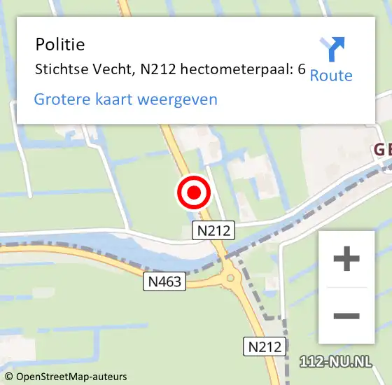 Locatie op kaart van de 112 melding: Politie Stichtse Vecht, N212 hectometerpaal: 6 op 18 februari 2022 17:07