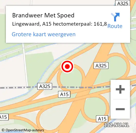 Locatie op kaart van de 112 melding: Brandweer Met Spoed Naar Lingewaard, A15 hectometerpaal: 161,8 op 18 februari 2022 17:39