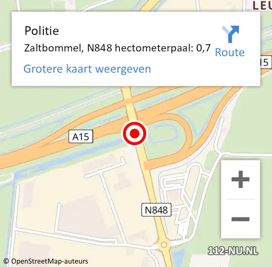 Locatie op kaart van de 112 melding: Politie Zaltbommel, N848 hectometerpaal: 0,7 op 18 februari 2022 19:40