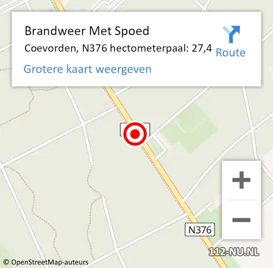 Locatie op kaart van de 112 melding: Brandweer Met Spoed Naar Coevorden, N376 hectometerpaal: 27,4 op 18 februari 2022 20:43