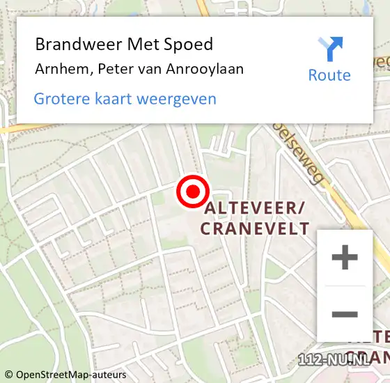 Locatie op kaart van de 112 melding: Brandweer Met Spoed Naar Arnhem, Peter van Anrooylaan op 19 februari 2022 09:39