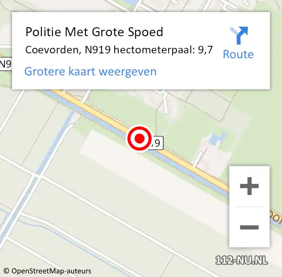 Locatie op kaart van de 112 melding: Politie Met Grote Spoed Naar Coevorden, N919 hectometerpaal: 9,7 op 19 februari 2022 12:09