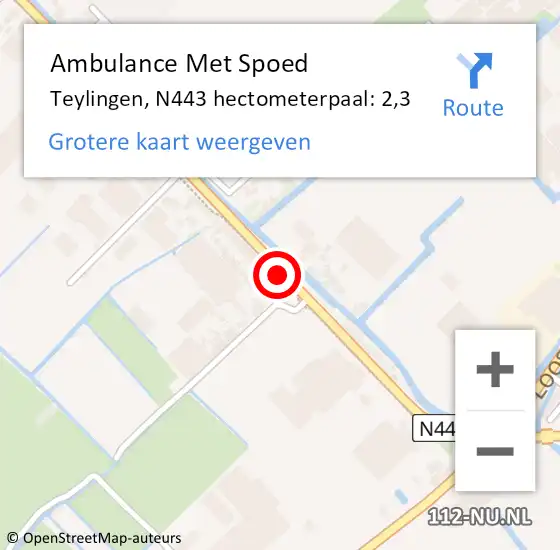Locatie op kaart van de 112 melding: Ambulance Met Spoed Naar Teylingen, N443 hectometerpaal: 2,3 op 20 februari 2022 02:28