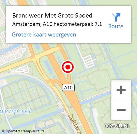 Locatie op kaart van de 112 melding: Brandweer Met Grote Spoed Naar Amsterdam, A10 hectometerpaal: 7,1 op 20 februari 2022 08:31