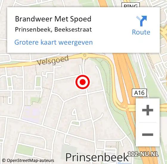Locatie op kaart van de 112 melding: Brandweer Met Spoed Naar Prinsenbeek, Beeksestraat op 20 februari 2022 09:01