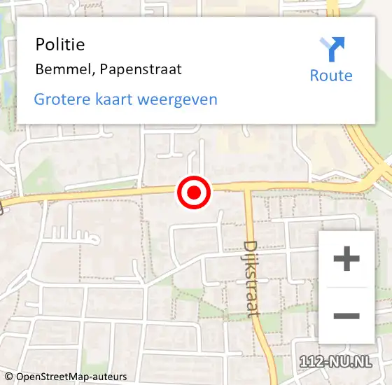 Locatie op kaart van de 112 melding: Politie Bemmel, Papenstraat op 20 februari 2022 15:30