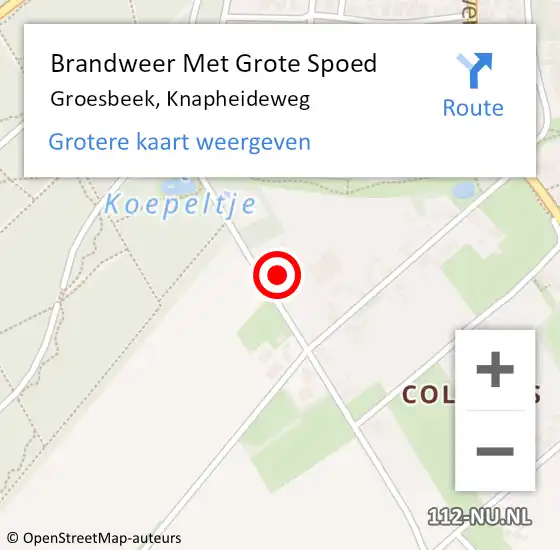 Locatie op kaart van de 112 melding: Brandweer Met Grote Spoed Naar Groesbeek, Knapheideweg op 21 februari 2022 09:54