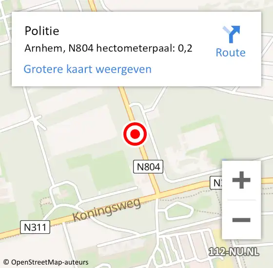 Locatie op kaart van de 112 melding: Politie Arnhem, N804 hectometerpaal: 0,2 op 21 februari 2022 16:48
