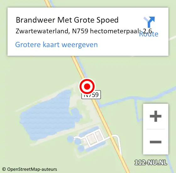 Locatie op kaart van de 112 melding: Brandweer Met Grote Spoed Naar Zwartewaterland, N759 hectometerpaal: 2,6 op 22 februari 2022 13:04