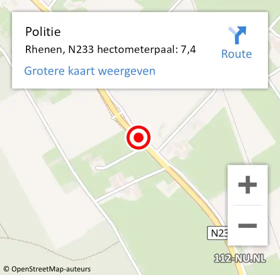 Locatie op kaart van de 112 melding: Politie Rhenen, N233 hectometerpaal: 7,4 op 22 februari 2022 15:49