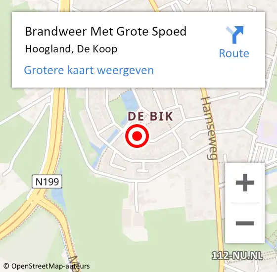 Locatie op kaart van de 112 melding: Brandweer Met Grote Spoed Naar Hoogland, De Koop op 22 februari 2022 20:15