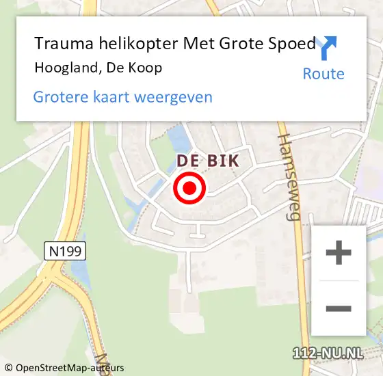 Locatie op kaart van de 112 melding: Trauma helikopter Met Grote Spoed Naar Hoogland, De Koop op 22 februari 2022 20:19